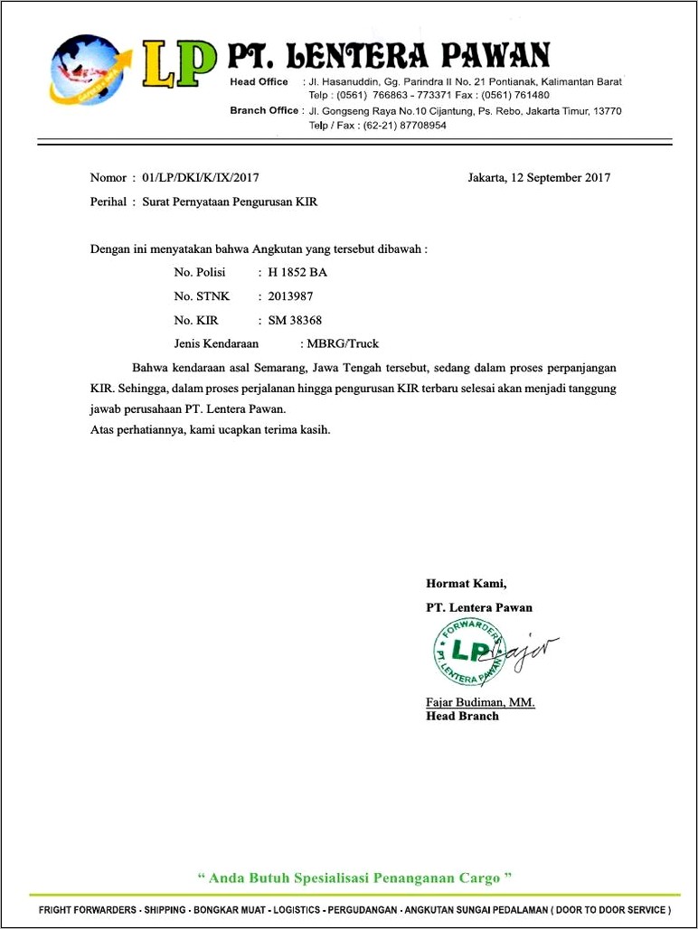 Contoh Surat Permohonan Kendaraan Truk