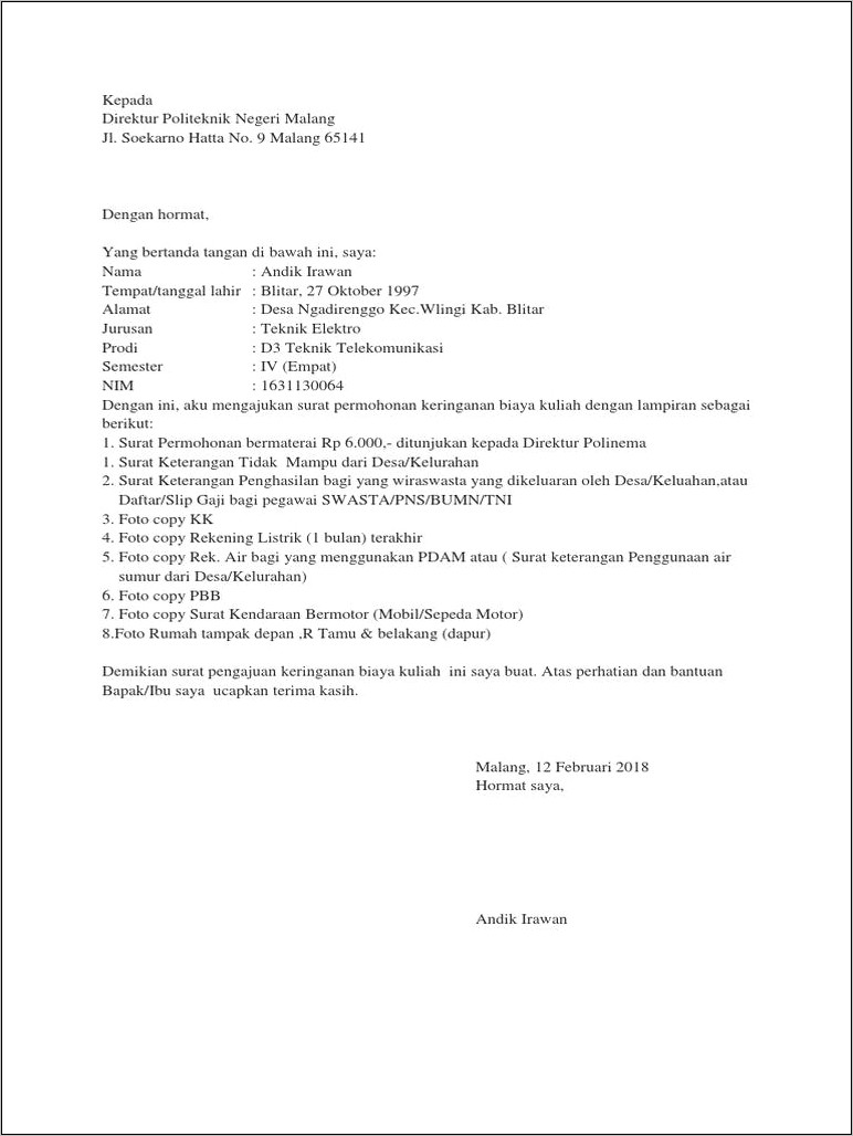 Contoh Surat Permohonan Keringanan Spp Kuliah