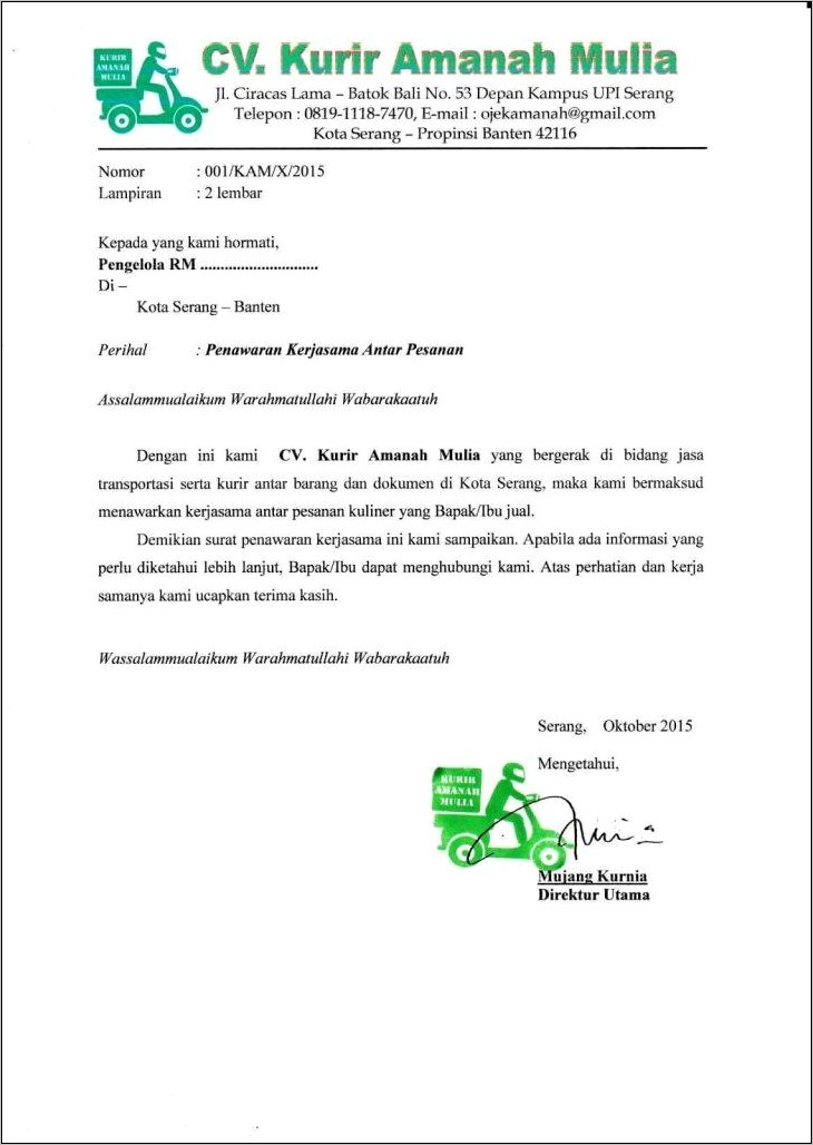 Contoh Surat Permohonan Kerjasama Dengan Pemodal
