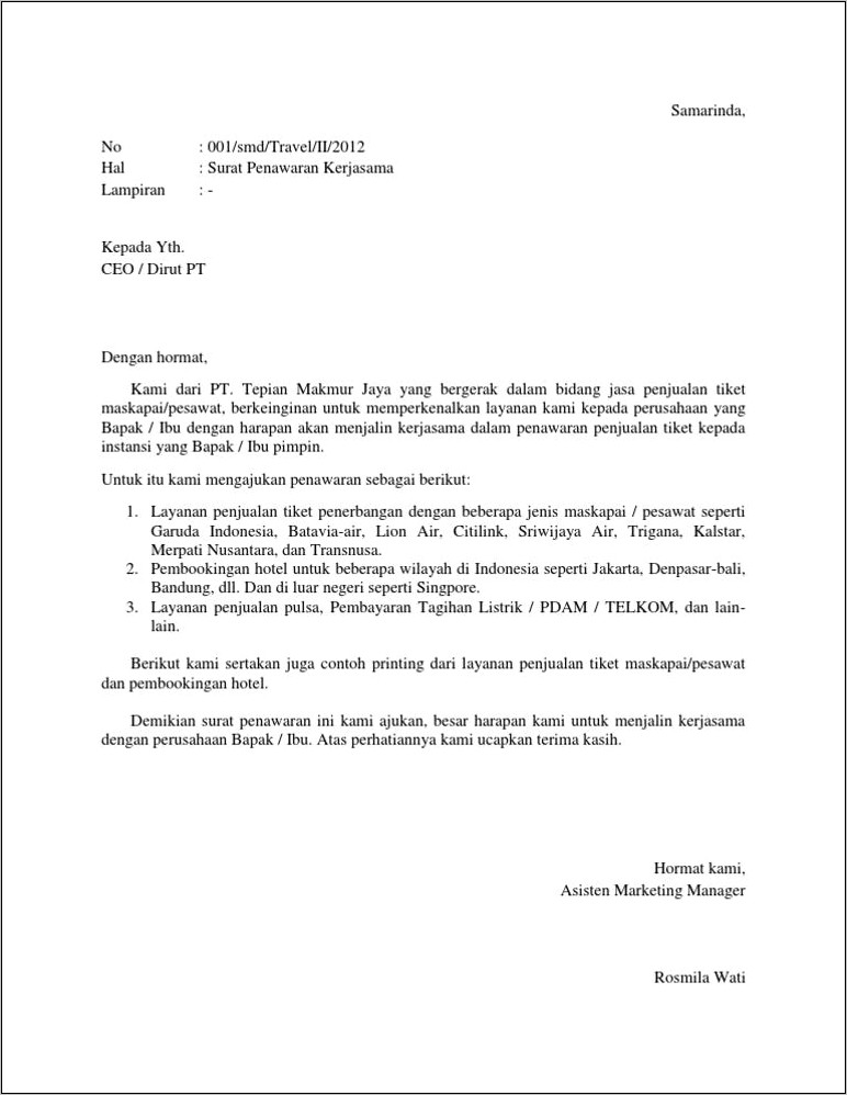 Contoh Surat Permohonan Kerjasama Dengan Perusahaan Lain