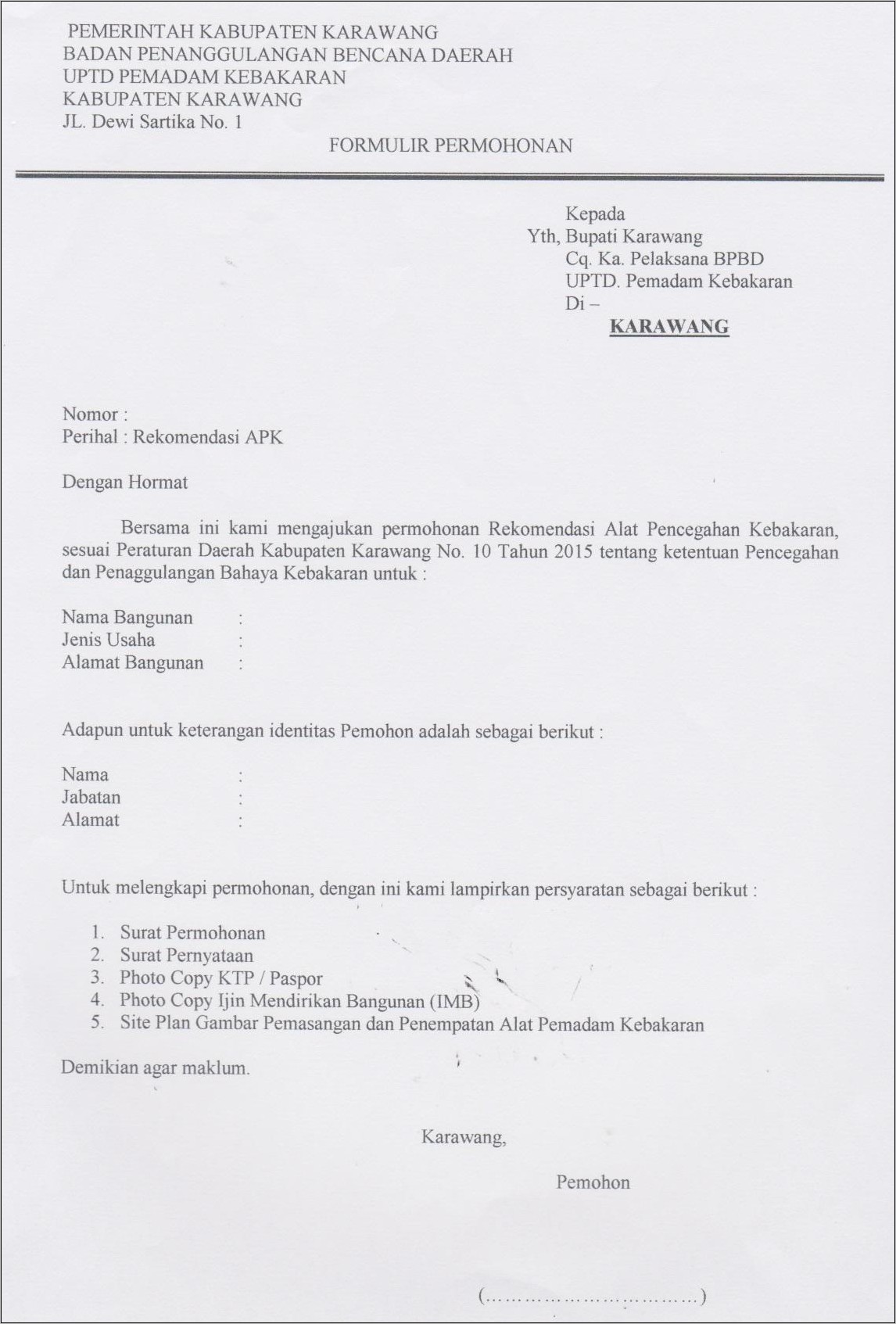 Contoh Surat Permohonan Kerjasama Pemadam Kebakaran