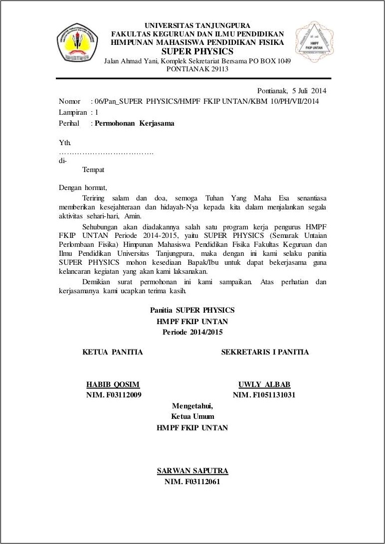 Contoh Surat Permohonan Kerjasama Universitas