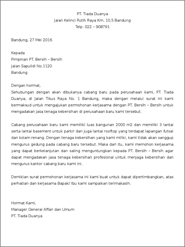 Contoh Surat Permohonan Kerjasama