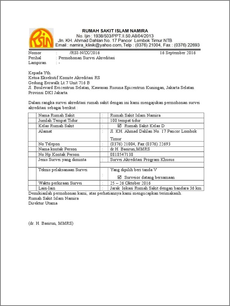 Contoh Surat Permohonan Keterangan Dalam Proses Akreditasi Rumah Sakit