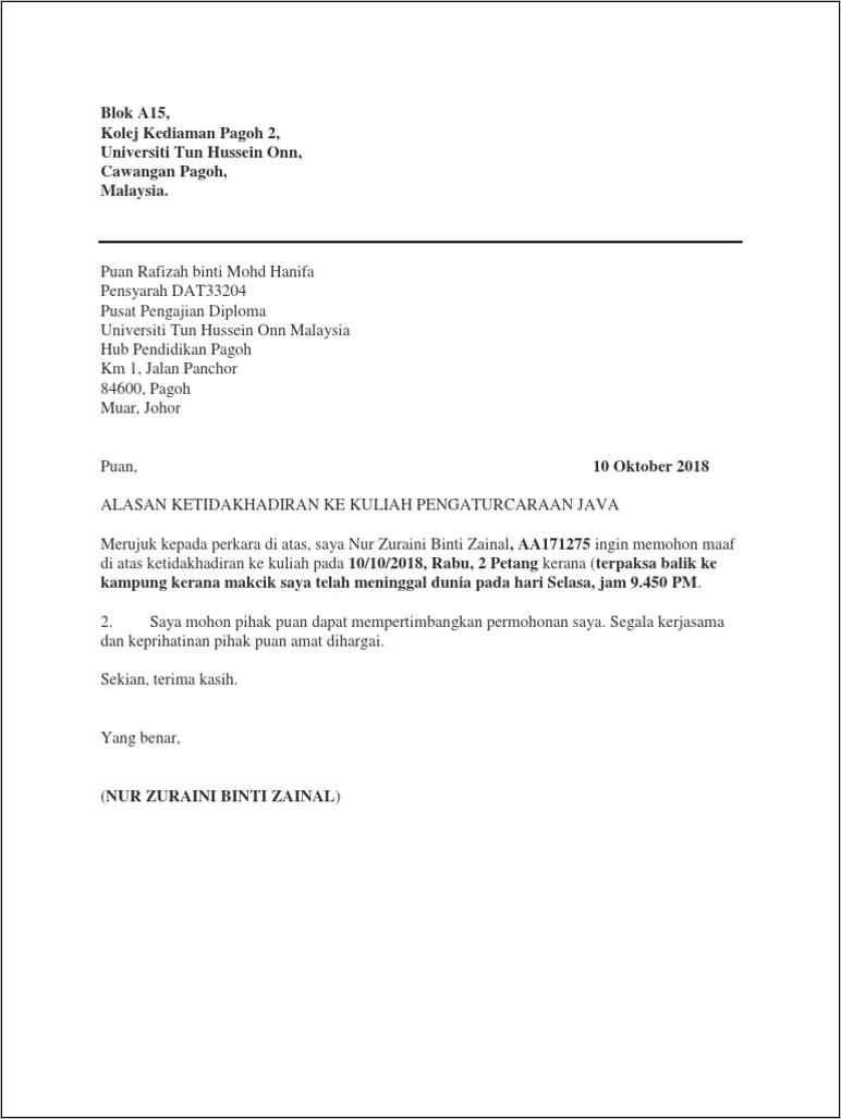 Contoh Surat Permohonan Ketidakhadiran