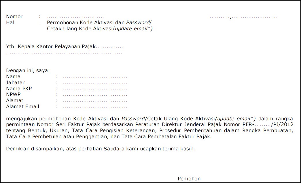 Contoh Surat Permohonan Kode Aktivasi Dan Password Faktur Pajak