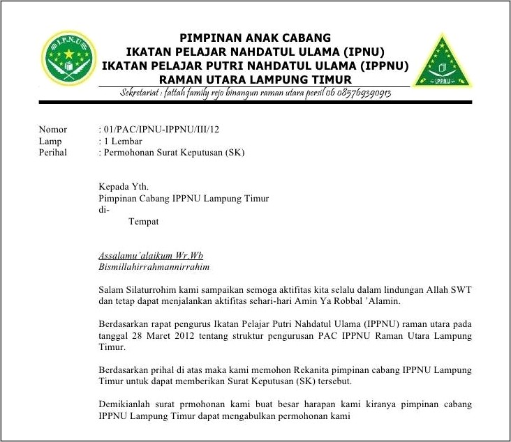 Contoh Surat Permohonan Konsumsi Ipnu Ippnu