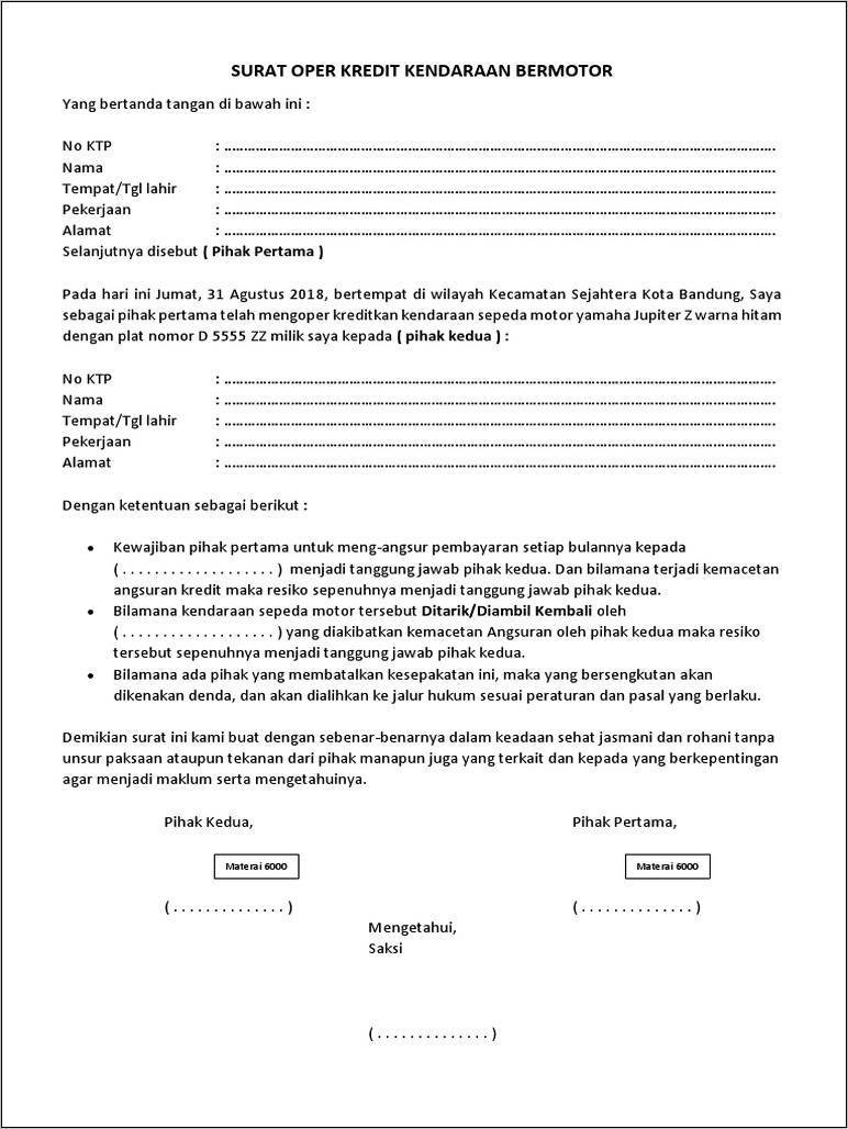 Contoh Surat Permohonan Kontrak Motor