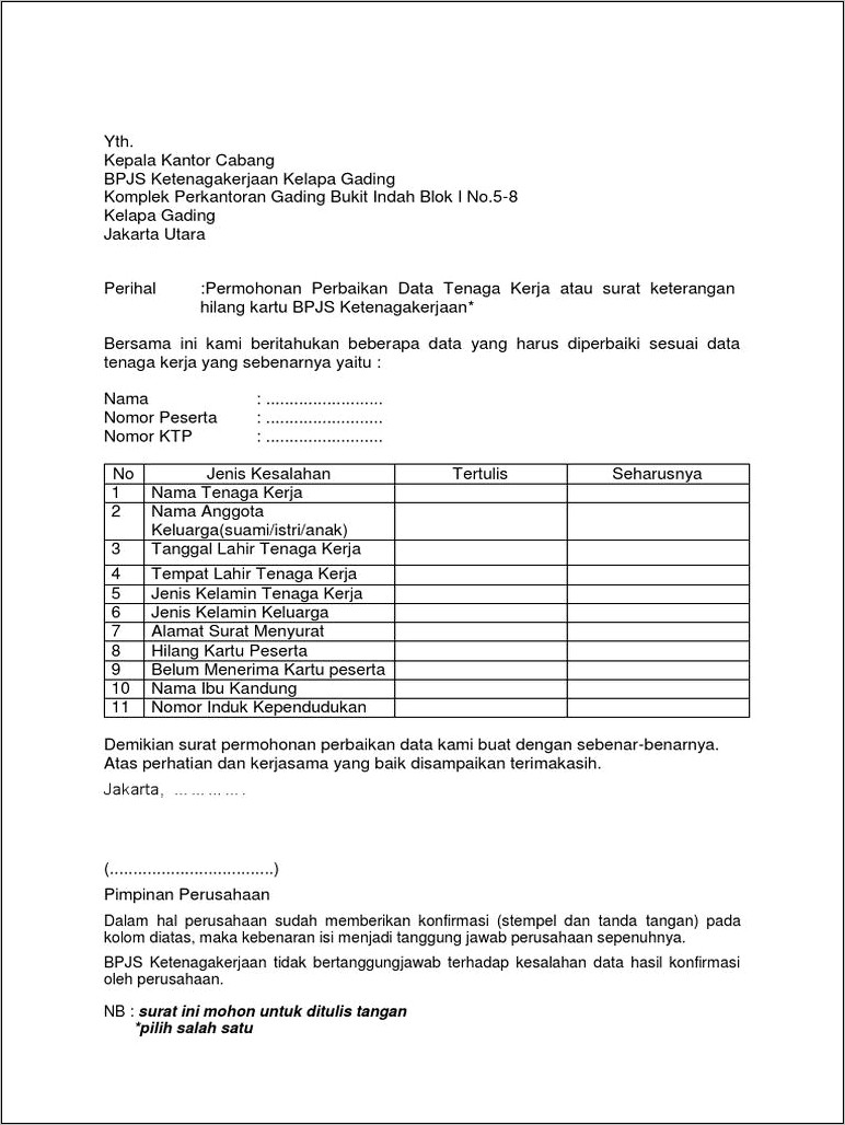 Contoh Surat Permohonan Koreksi Data Bpjs Ketenagakerjaan