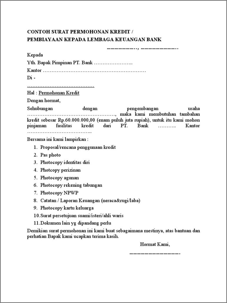Contoh Surat Permohonan Kpr Bank