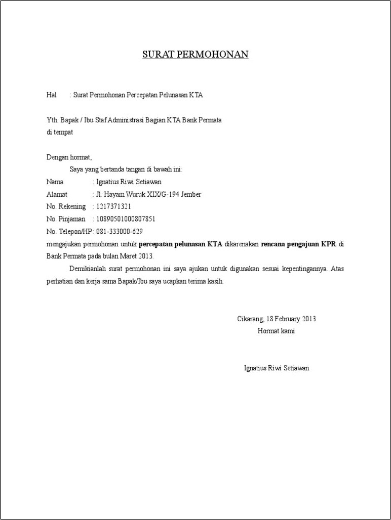 Contoh Surat Permohonan Kredit Bank Btn