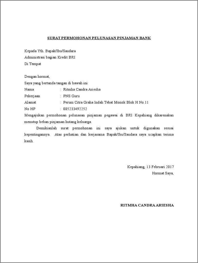 Contoh Surat Permohonan Kredit Kur Bri