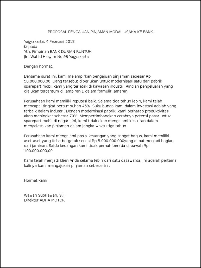 Contoh Surat Permohonan Kredit Modal Usaha