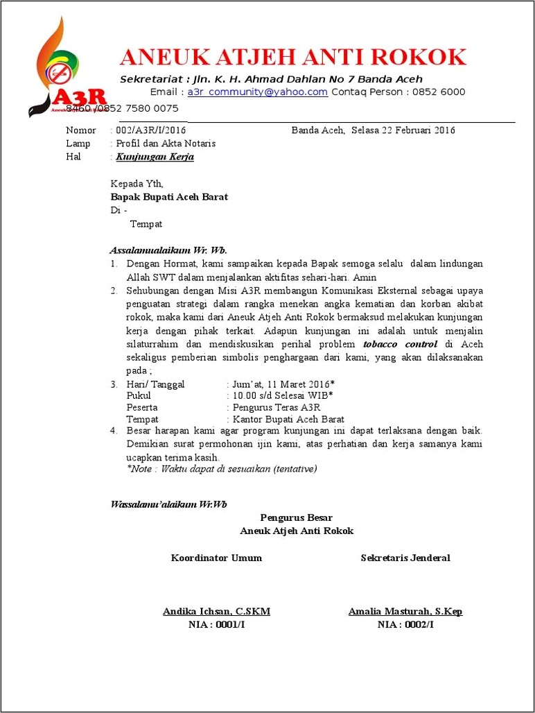Contoh Surat Permohonan Kunjungan Direksi