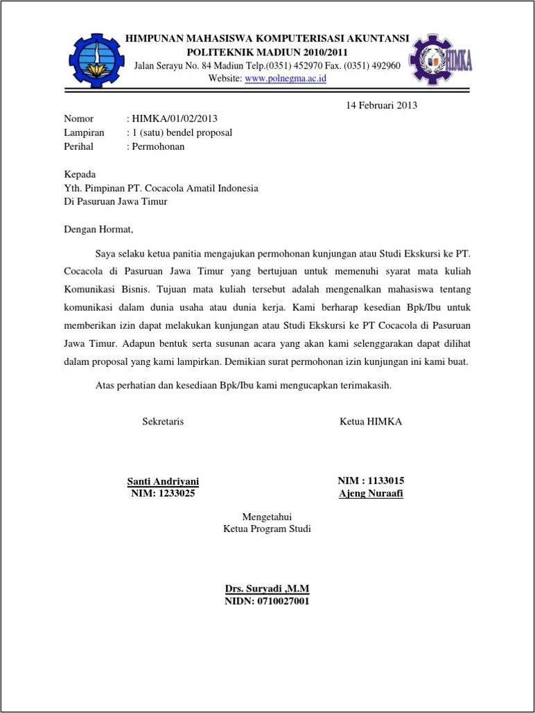 Contoh Surat Permohonan Kunjungan Study Tour