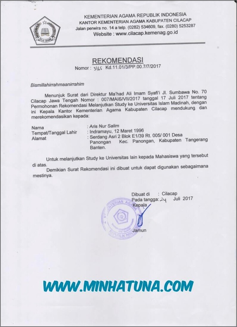 Contoh Surat Permohonan Lanjut Studi