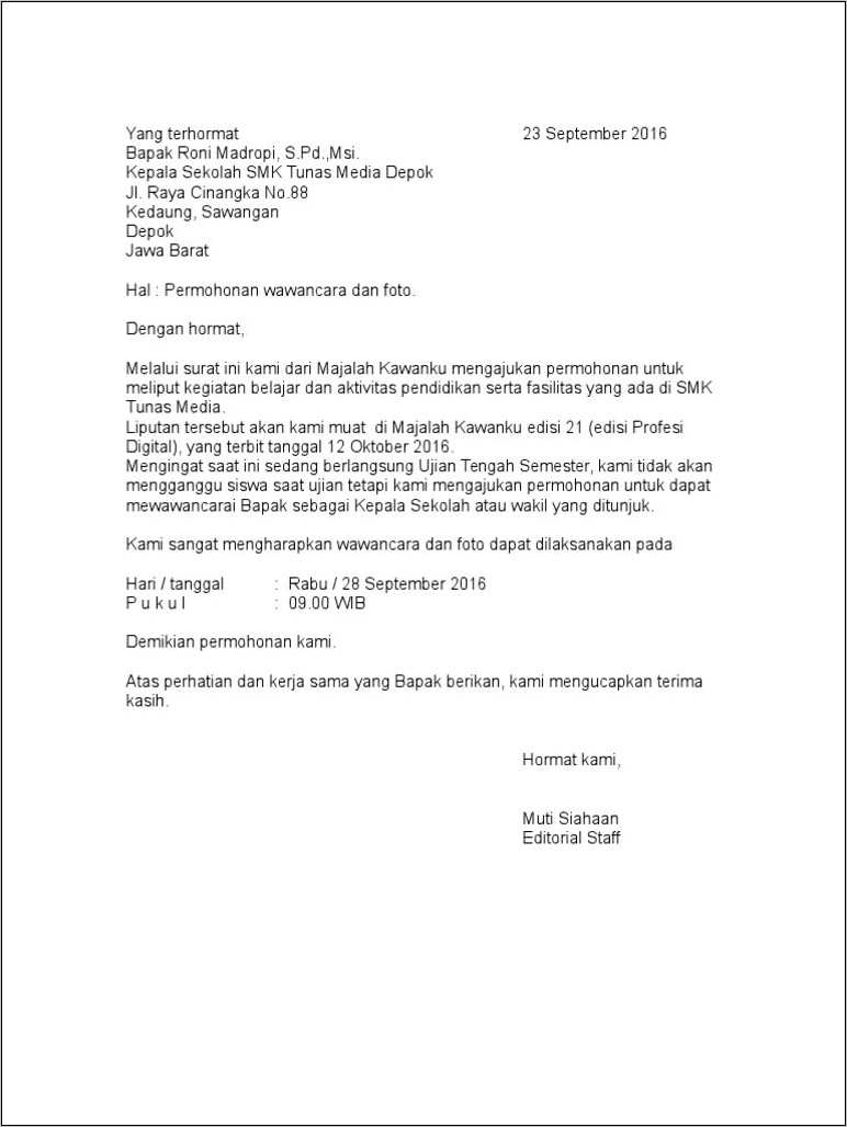 Contoh Surat Permohonan Liputan Tv
