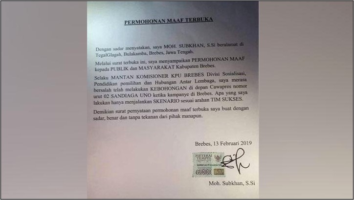 Contoh Surat Permohonan Maaf Dari Ahli Waris Untuk Warga