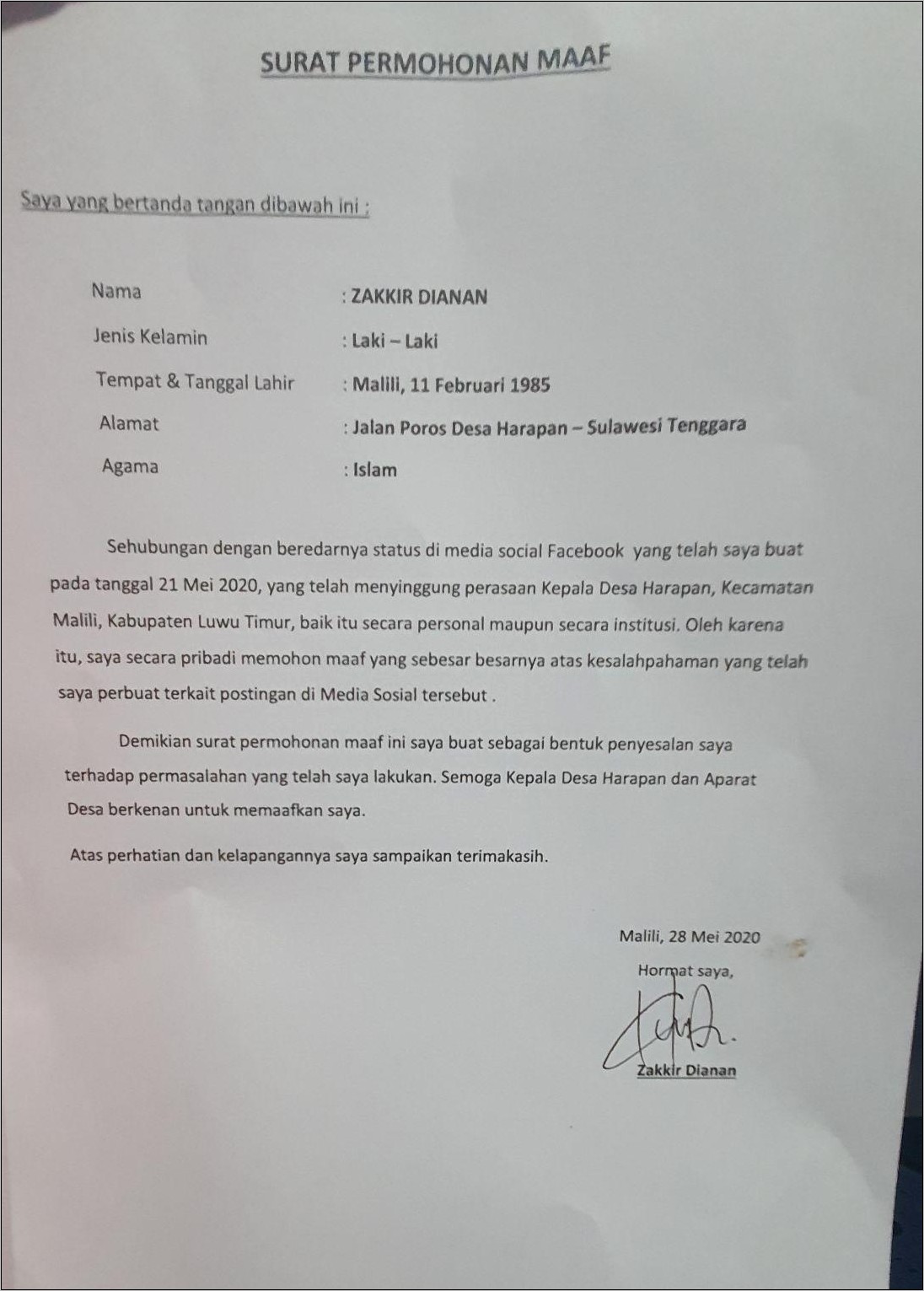 Contoh Surat Permohonan Maaf Somasi