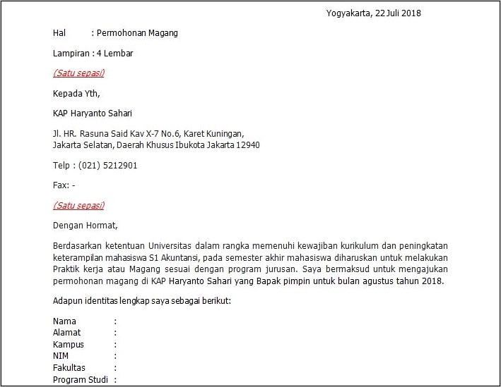 Contoh Surat Permohonan Magang Di Kantor