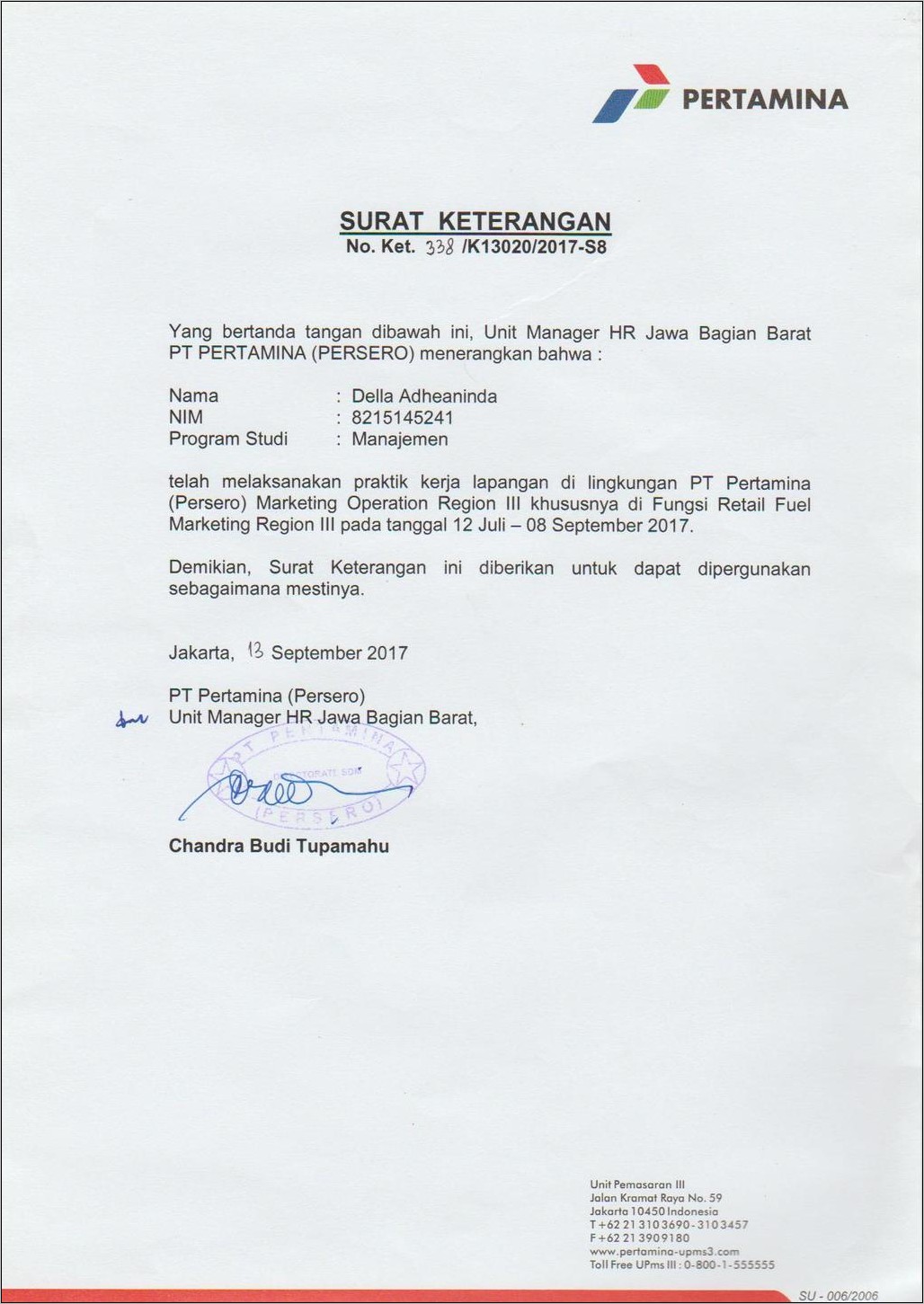 Contoh Surat Permohonan Magang Di Pertamina