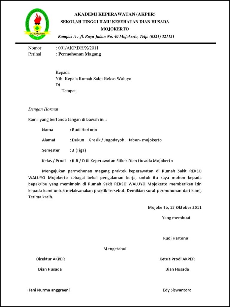 Contoh Surat Permohonan Magang Guru
