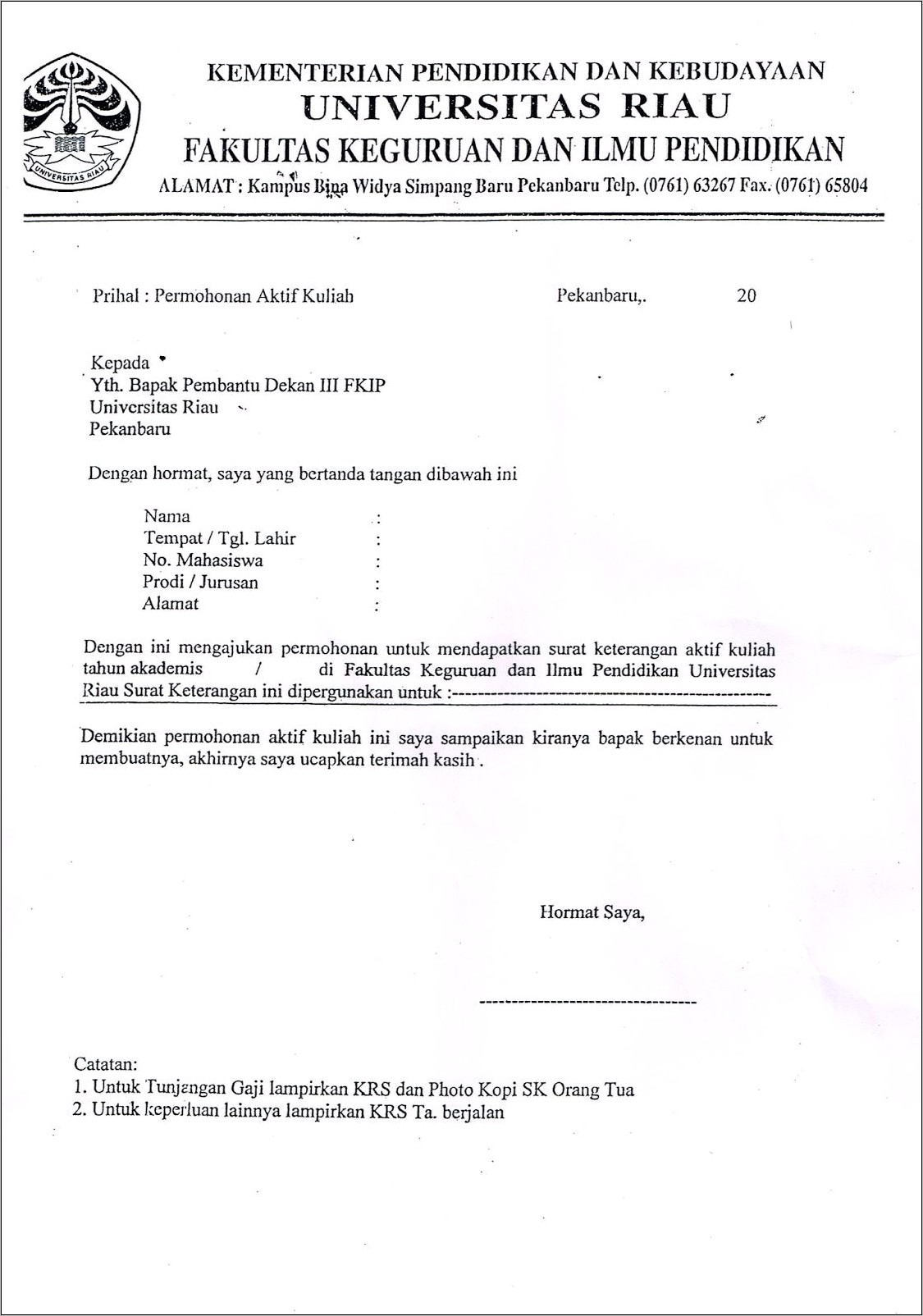 Contoh Surat Permohonan Mahasiswa Aktif
