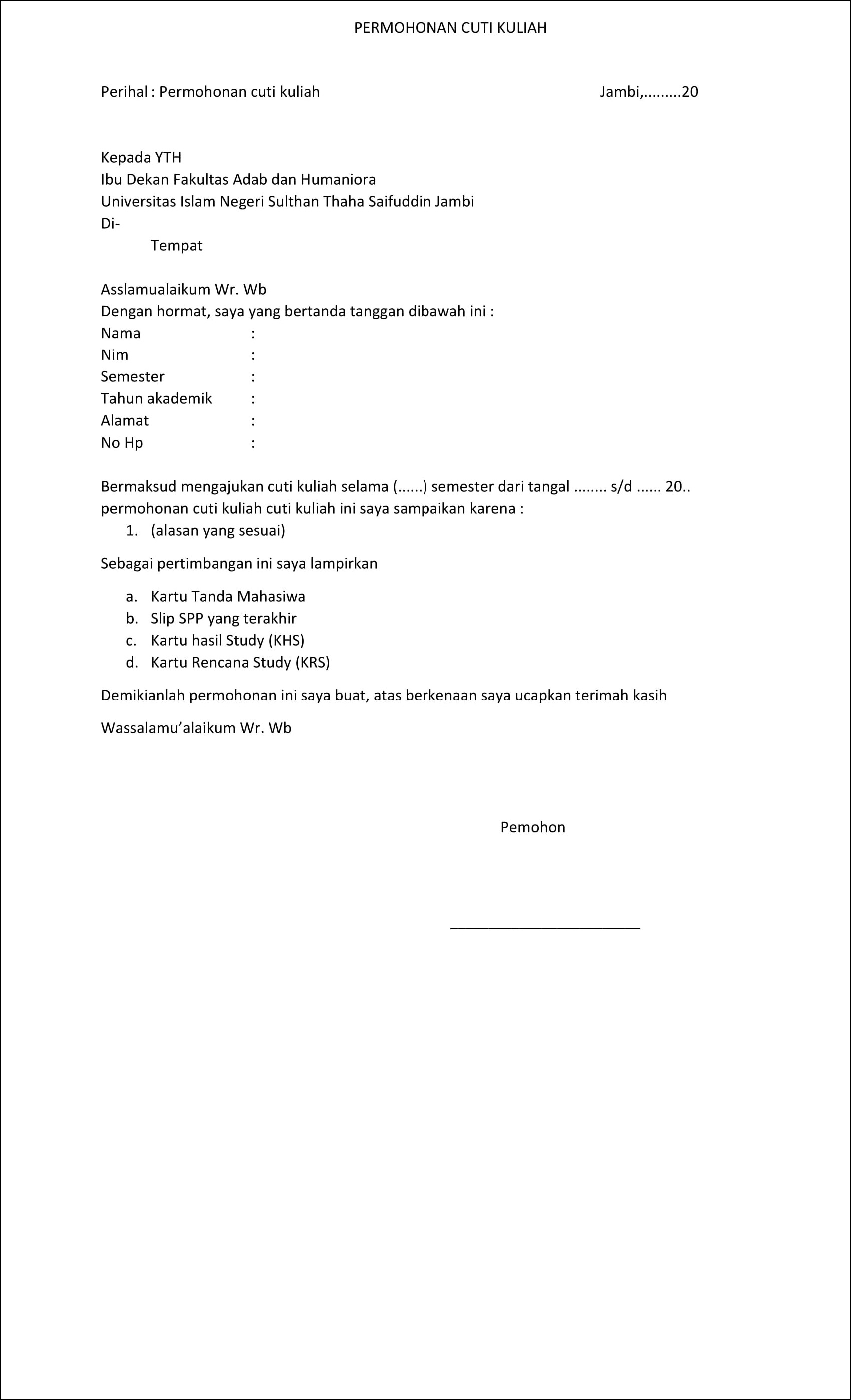Contoh Surat Permohonan Mahasiswa