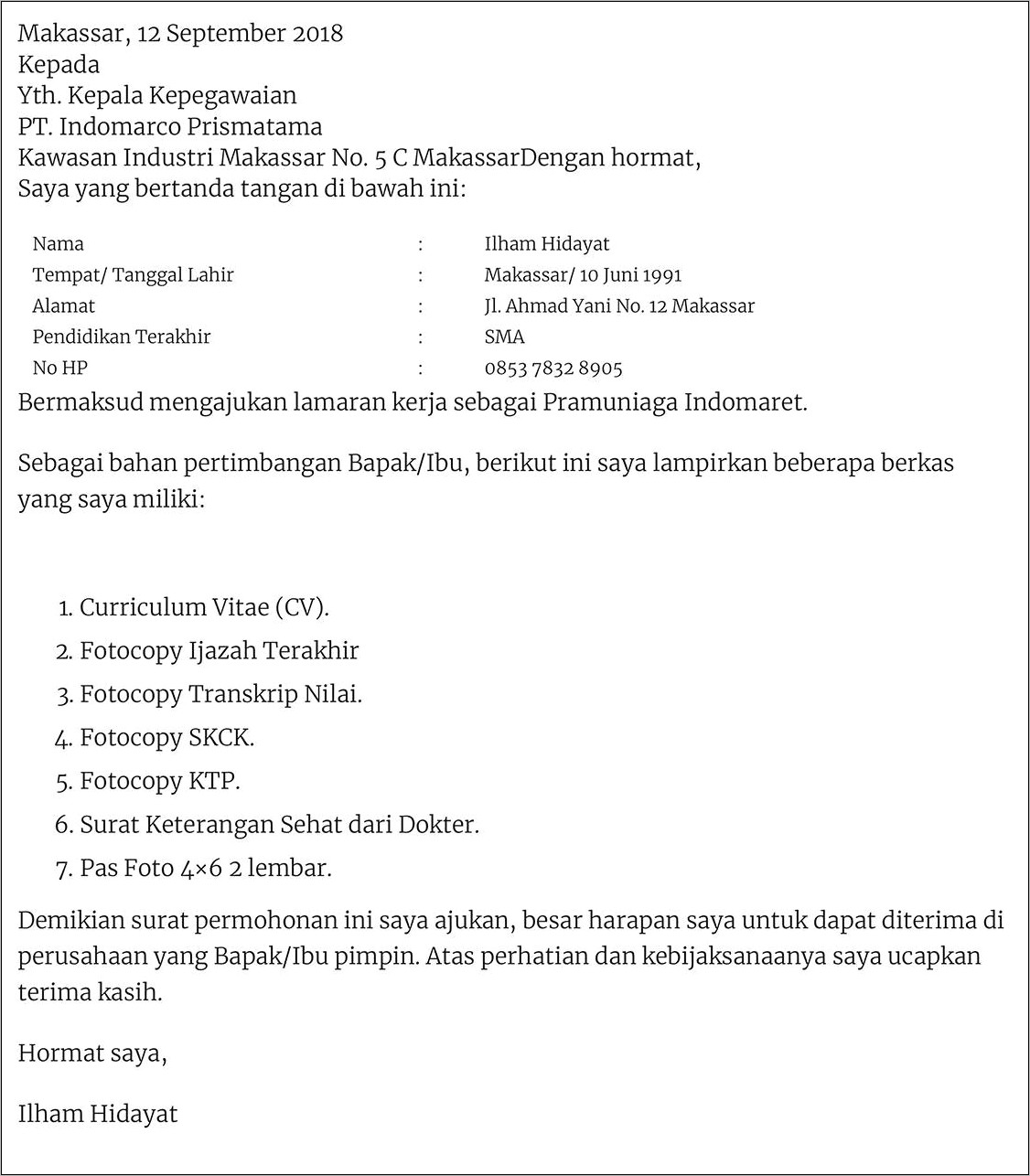 Contoh Surat Permohonan Masuk Pt