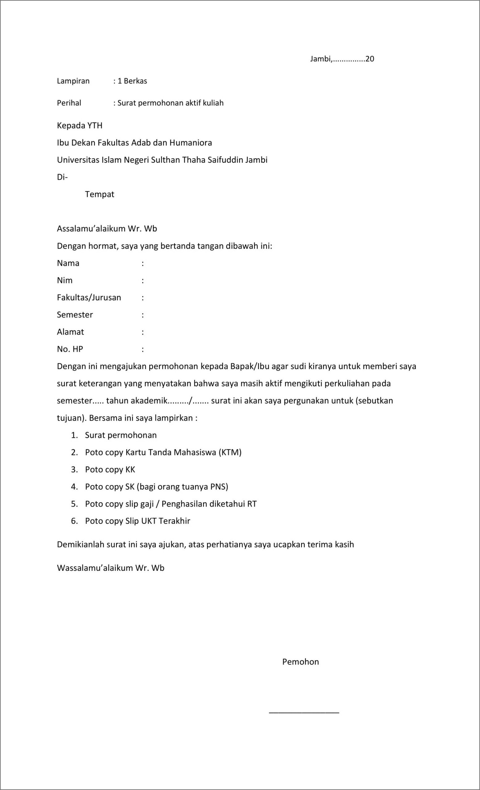 Contoh Surat Permohonan Masuk Stt