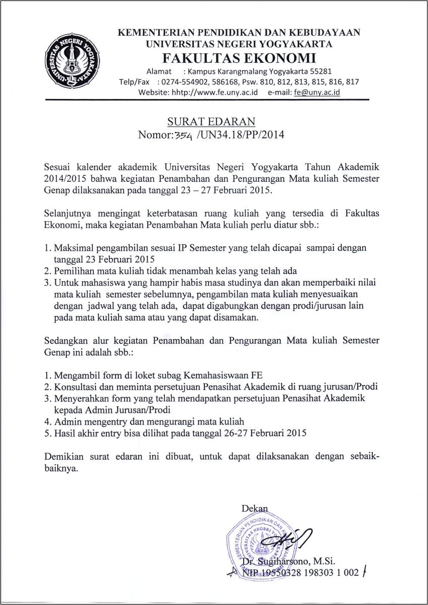 Contoh Surat Permohonan Mata Kuliah Semester Pendek