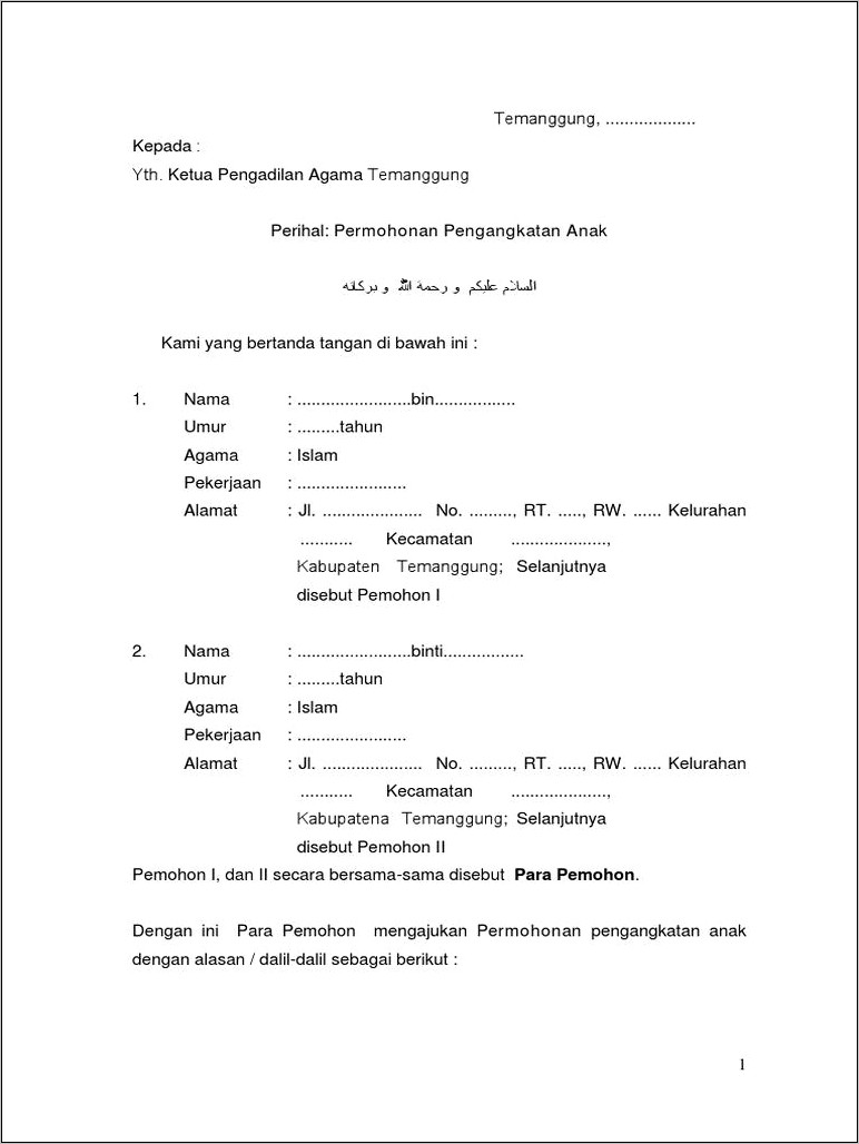 Contoh Surat Permohonan Mengangkat Anak