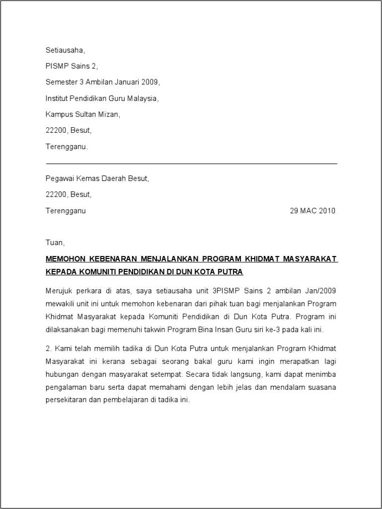 Contoh Surat Permohonan Menggunakan Gor