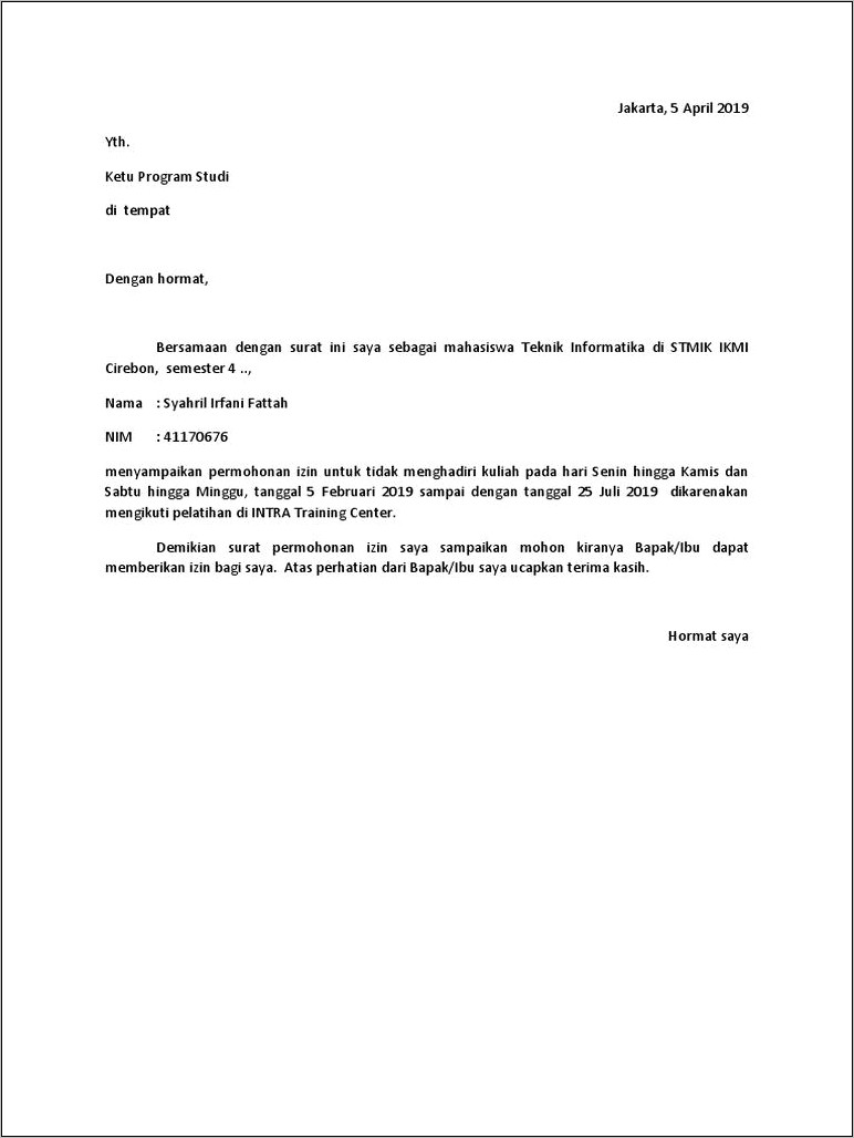 Contoh Surat Permohonan Mengikuti Pelatihan
