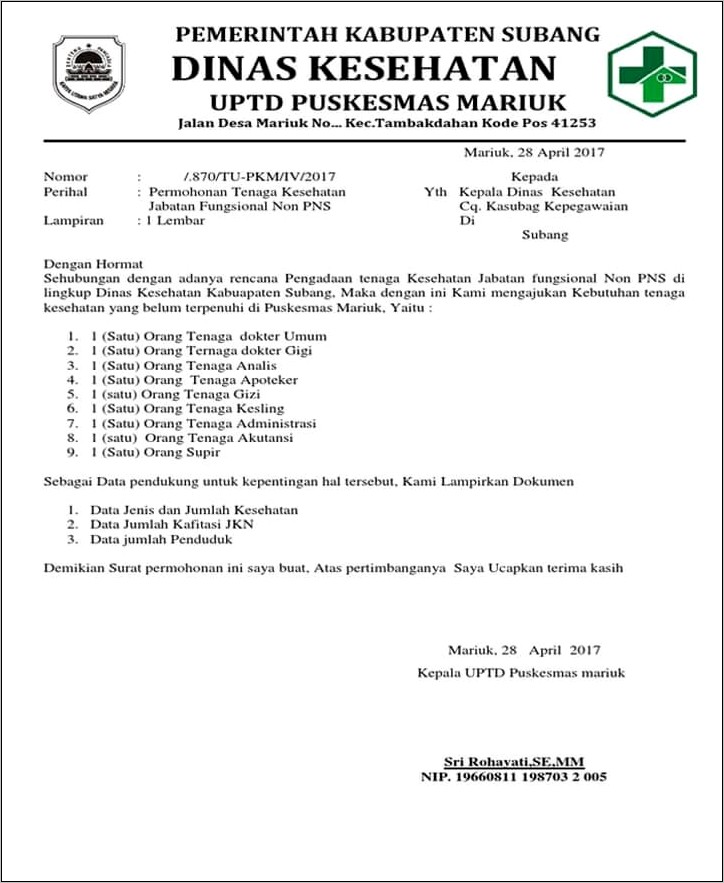 Contoh Surat Permohonan Menginduk