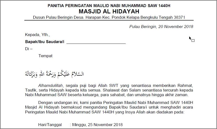 Contoh Surat Permohonan Mengisi Acara Pengajian