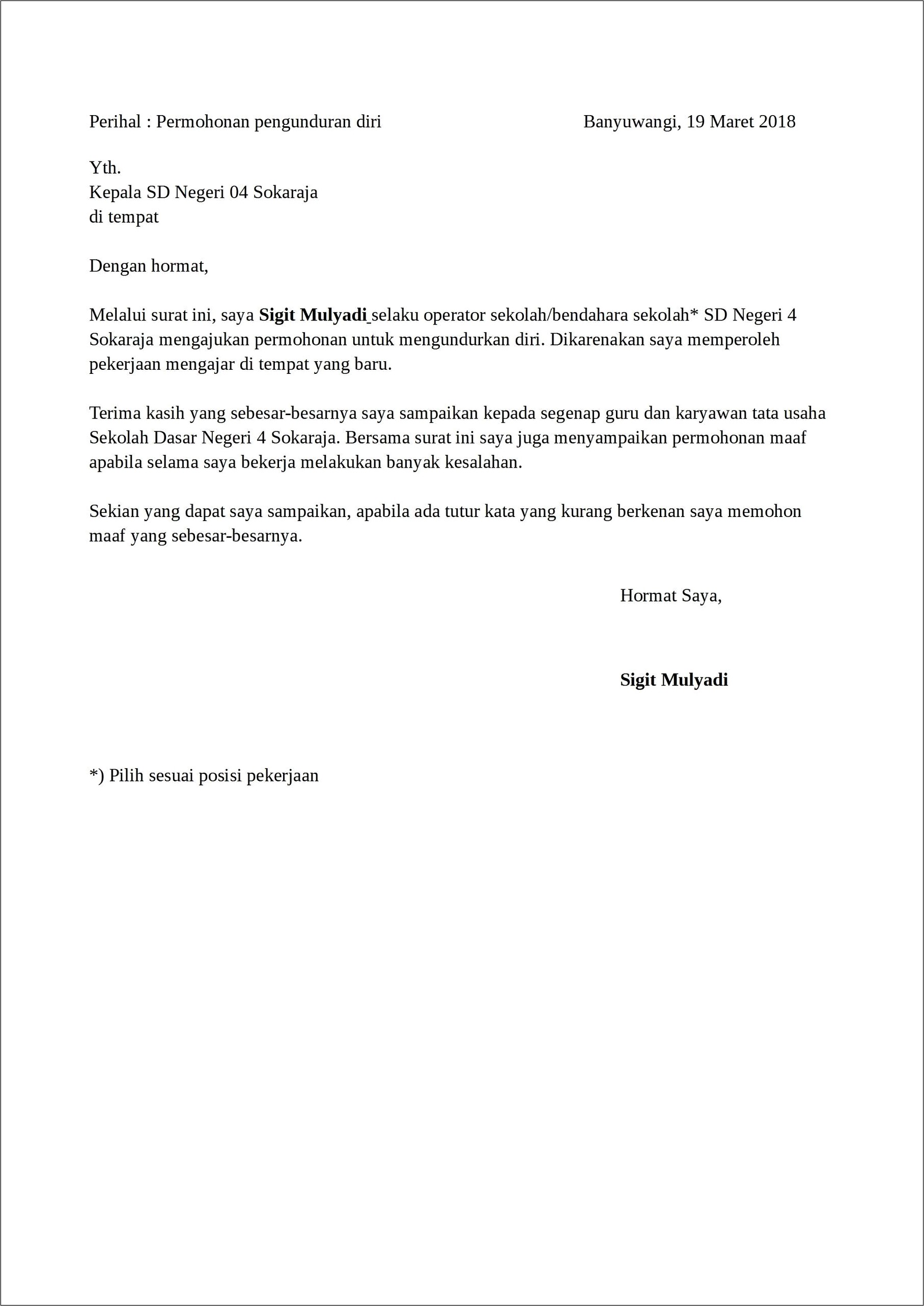 Contoh Surat Permohonan Mengundurkan Diri Dari Jabatan