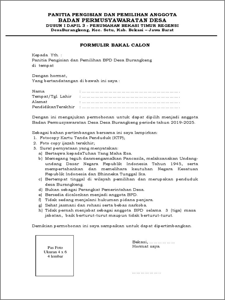 Contoh Surat Permohonan Menjadi Anggota Bpd Desa
