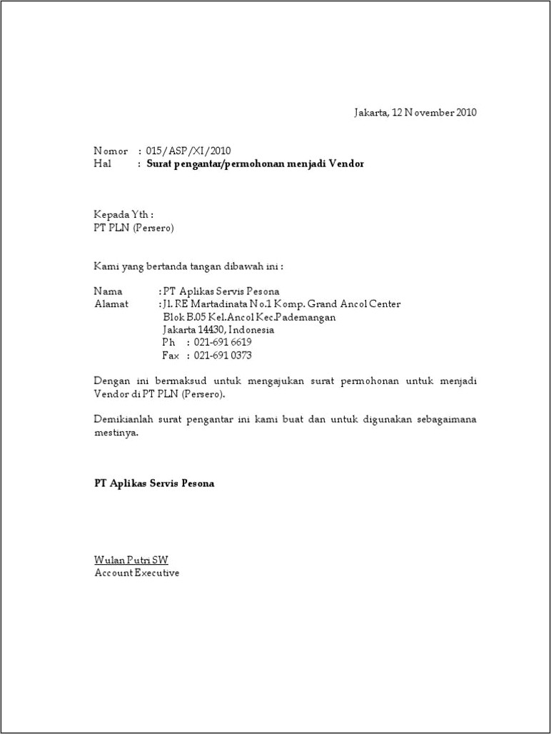 Contoh Surat Permohonan Menjadi Pemasok Atau Vendor