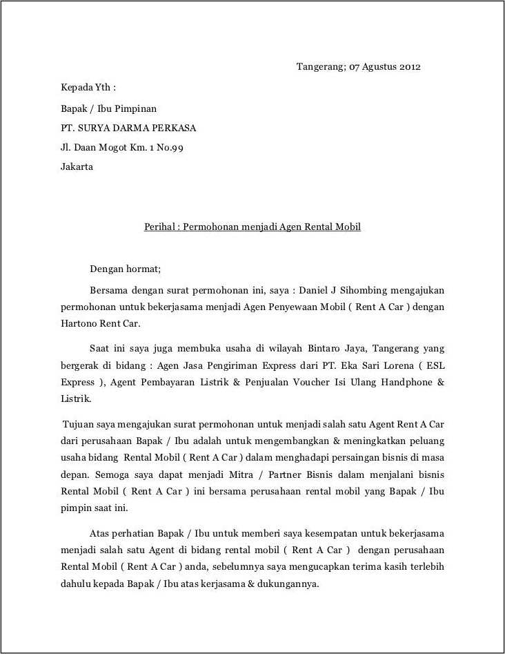 Contoh Surat Permohonan Menjadi Sub Agen