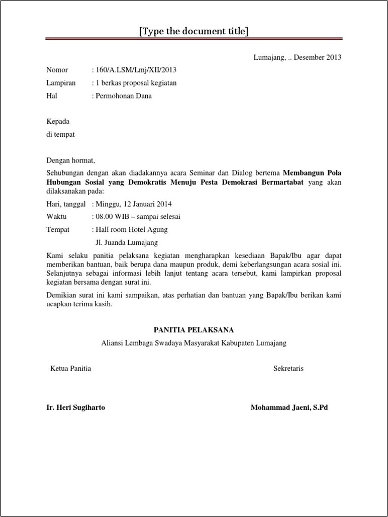 Contoh Surat Permohonan Menyediakan Hadiah