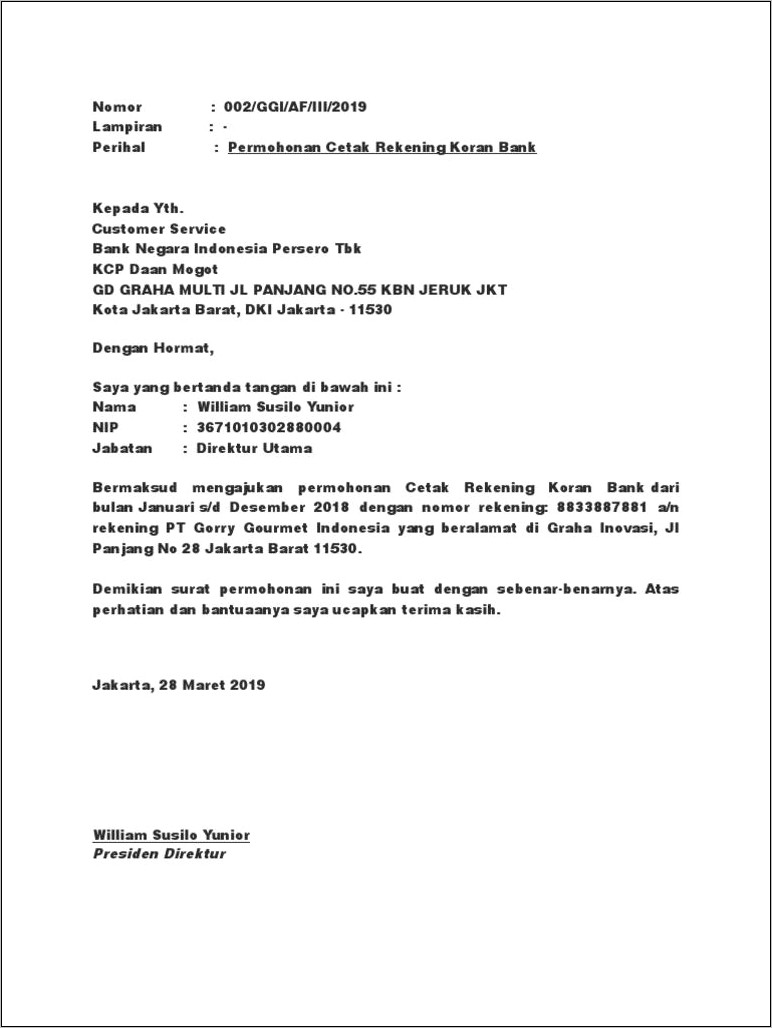 Contoh Surat Permohonan Minta Rekening Koran