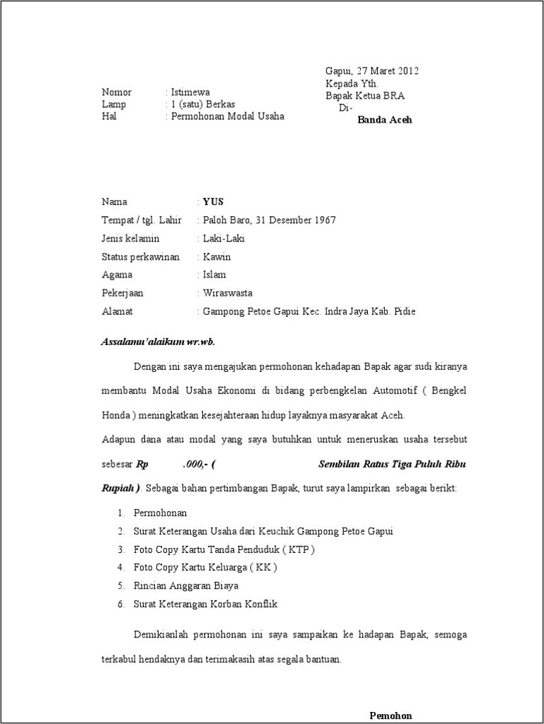 Contoh Surat Permohonan Modal Usaha Smk