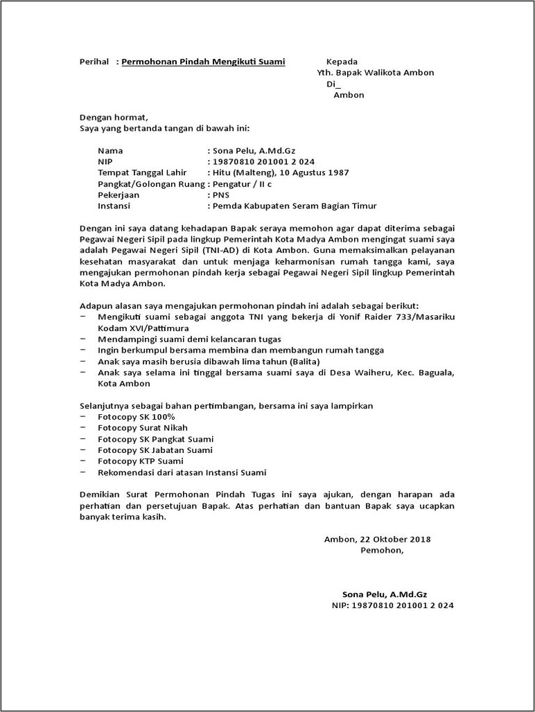 Contoh Surat Permohonan Mutasi Pekerjaab