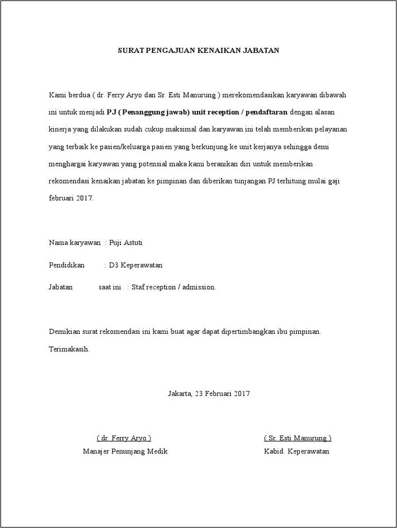 Contoh Surat Permohonan Naik Jabatan