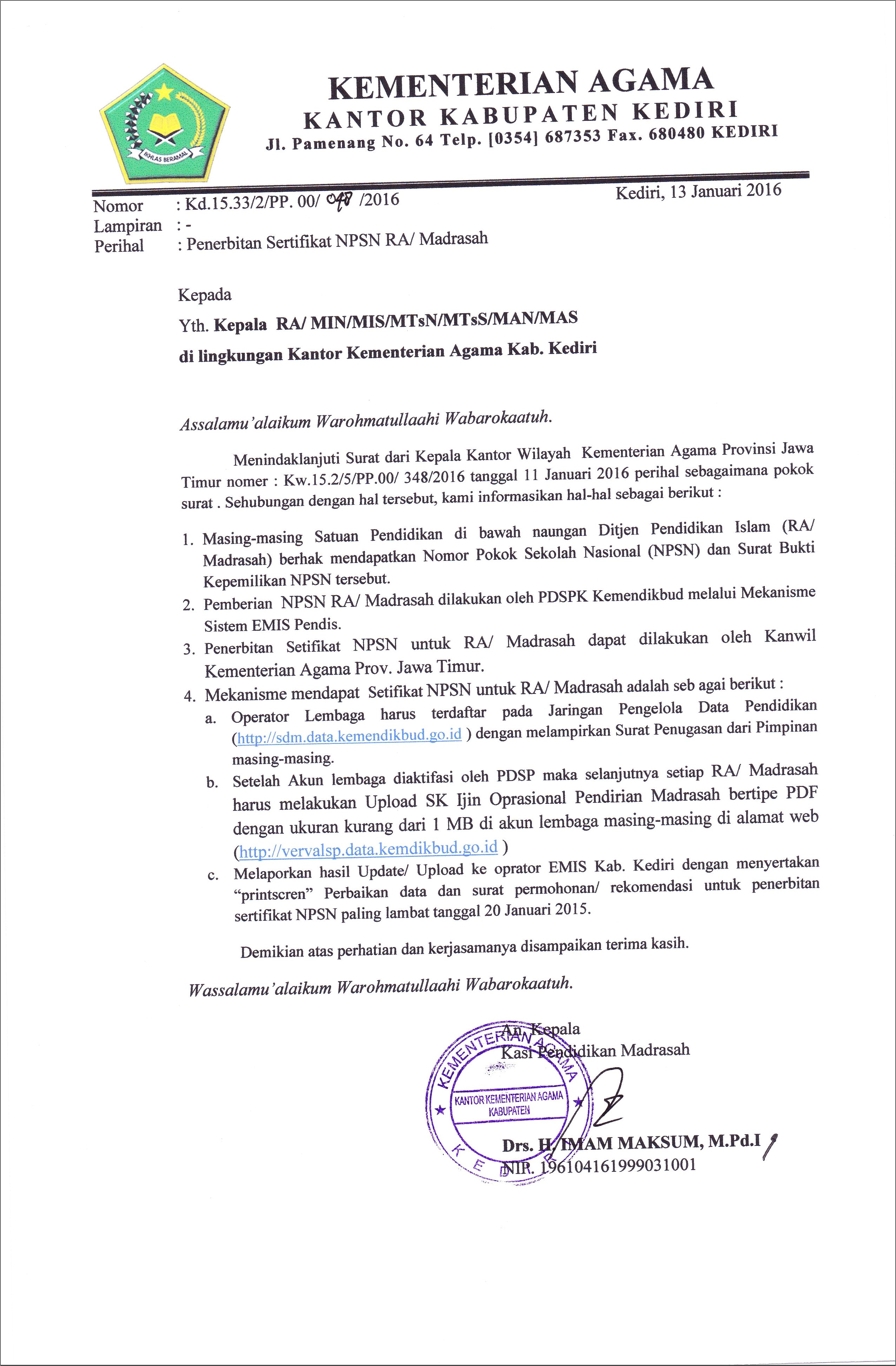Contoh Surat Permohonan Npsn Baru