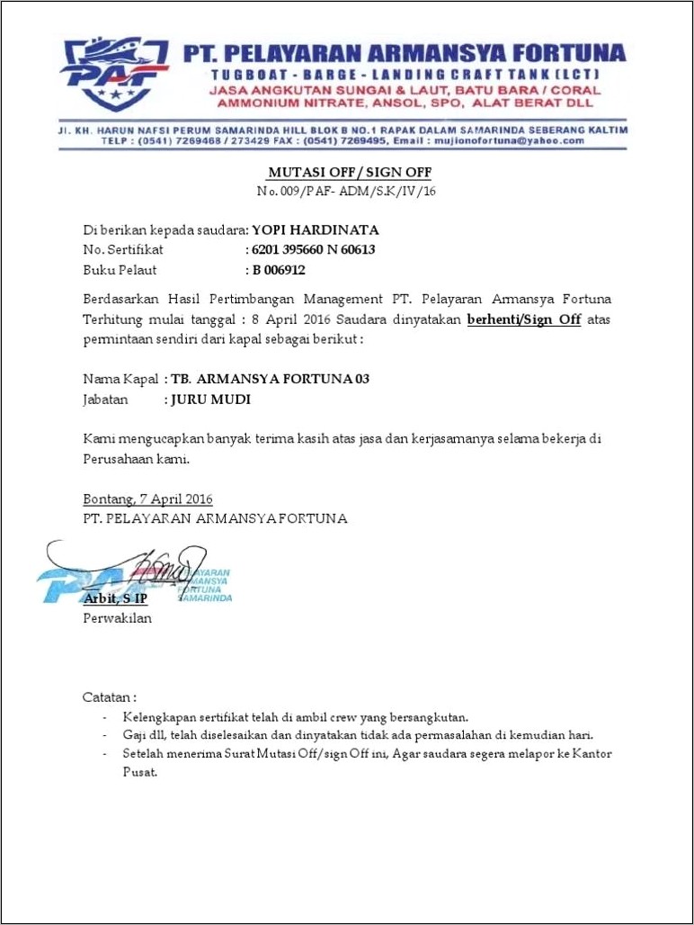 Contoh Surat Permohonan Off Dari Kapal