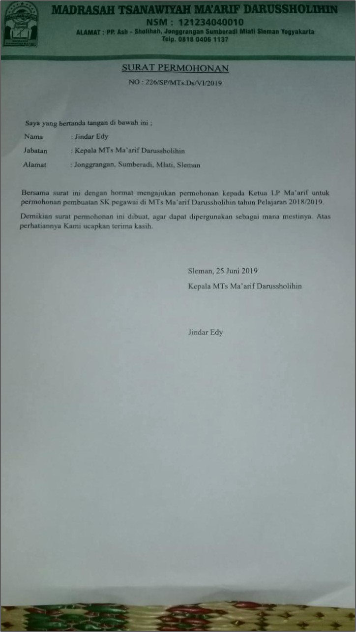 Contoh Surat Permohonan Oprator Madrasah