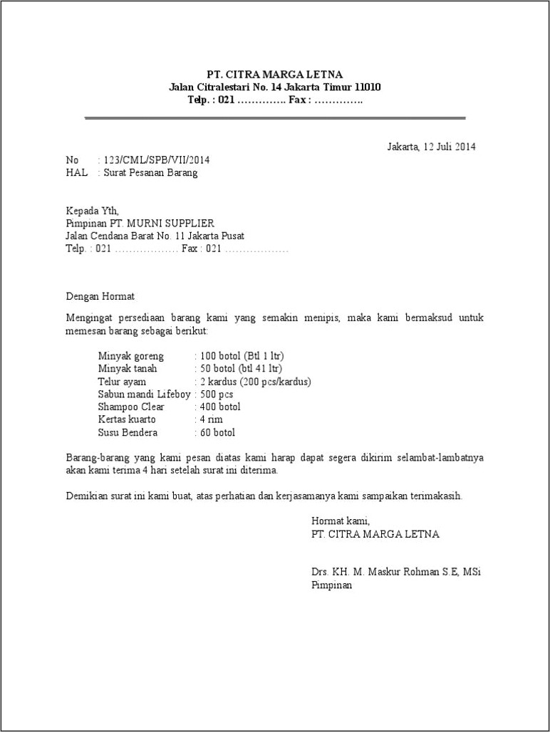 Contoh Surat Permohonan Order Barang