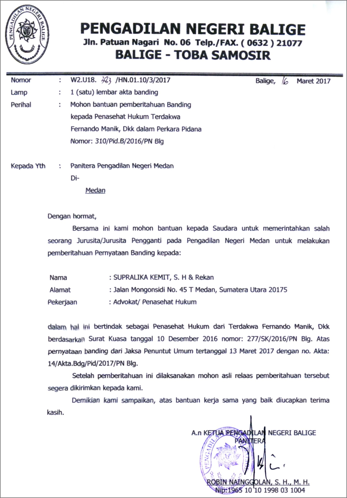 Contoh Surat Permohonan Panitera Di Pengadilan Negeri